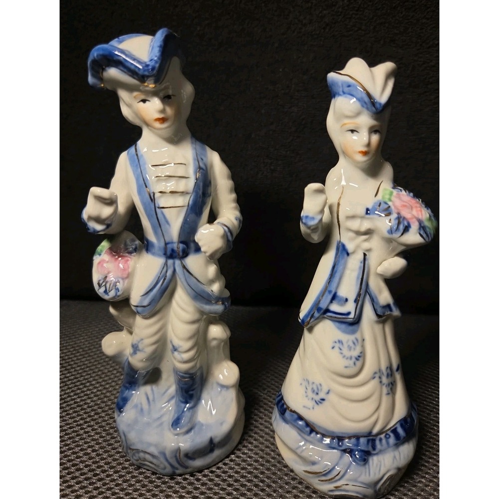 Vintage Porcelain Colonial Couple Figurines Blue White Gold Floral China 7" Pair